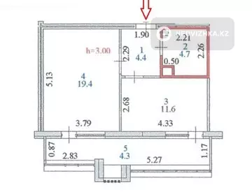 1-комнатная квартира, этаж 2 из 9, 44 м²