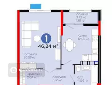 1-комнатная квартира, этаж 3 из 12, 46 м²