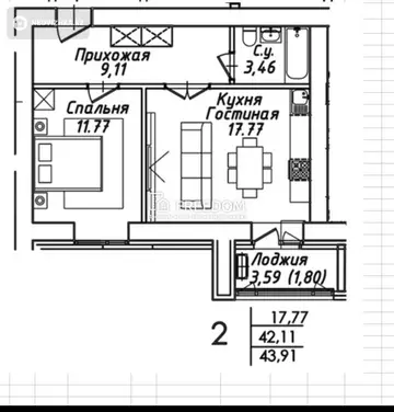 1-комнатная квартира, этаж 5 из 12, 44 м²