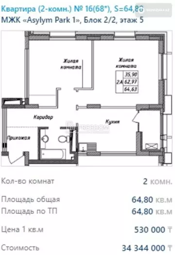 2-комнатная квартира, этаж 5 из 9, 65 м²