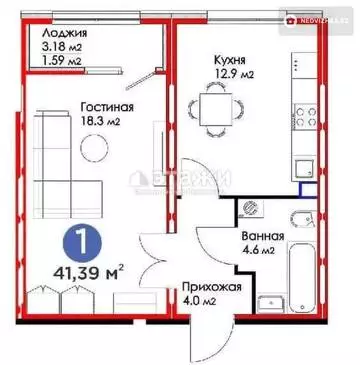 1-комнатная квартира, этаж 9 из 12, 41 м²