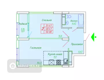 2-комнатная квартира, этаж 14 из 15, 50 м²