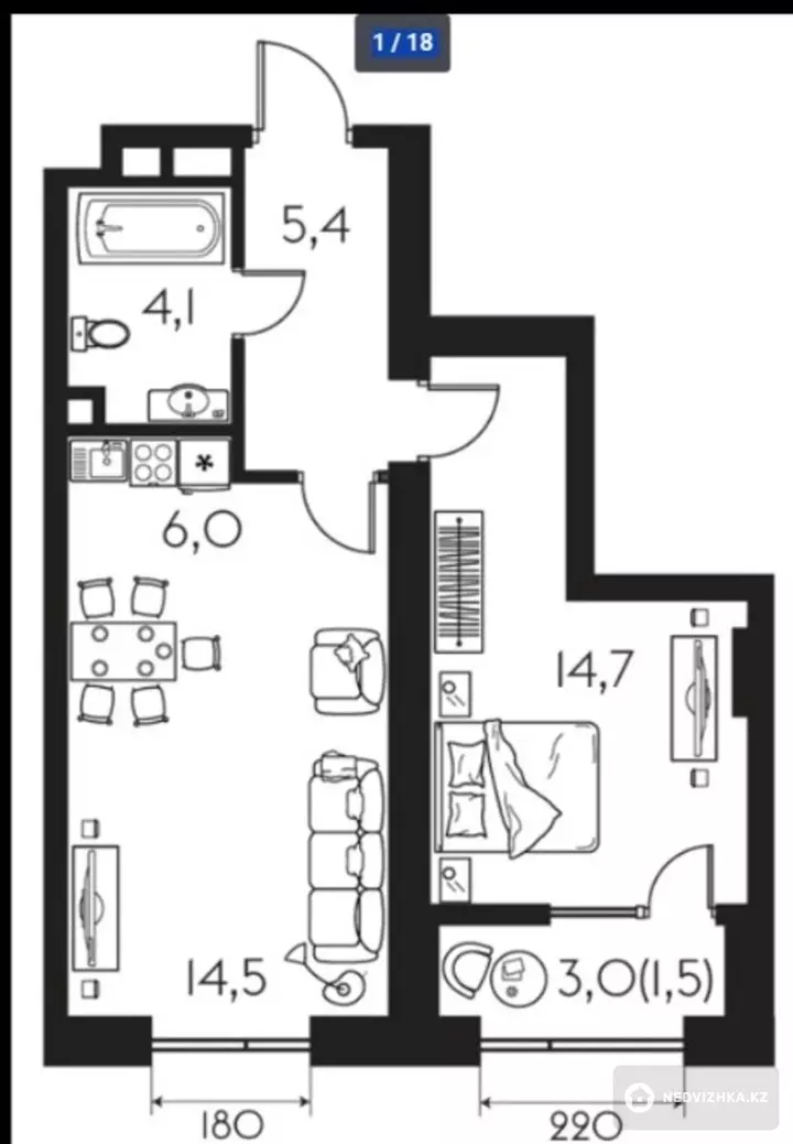 49 м², 2-комнатная квартира, этаж 16 из 18, 49 м², изображение - 1