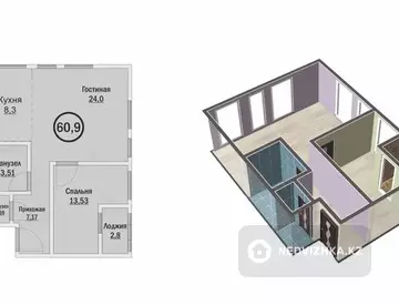 59 м², 2-комнатная квартира, этаж 5 из 12, 59 м², изображение - 3