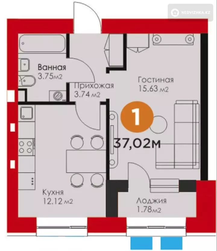 37.2 м², 1-комнатная квартира, этаж 9 из 9, 37 м², изображение - 1