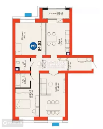 3-комнатная квартира, этаж 3 из 9, 95 м²