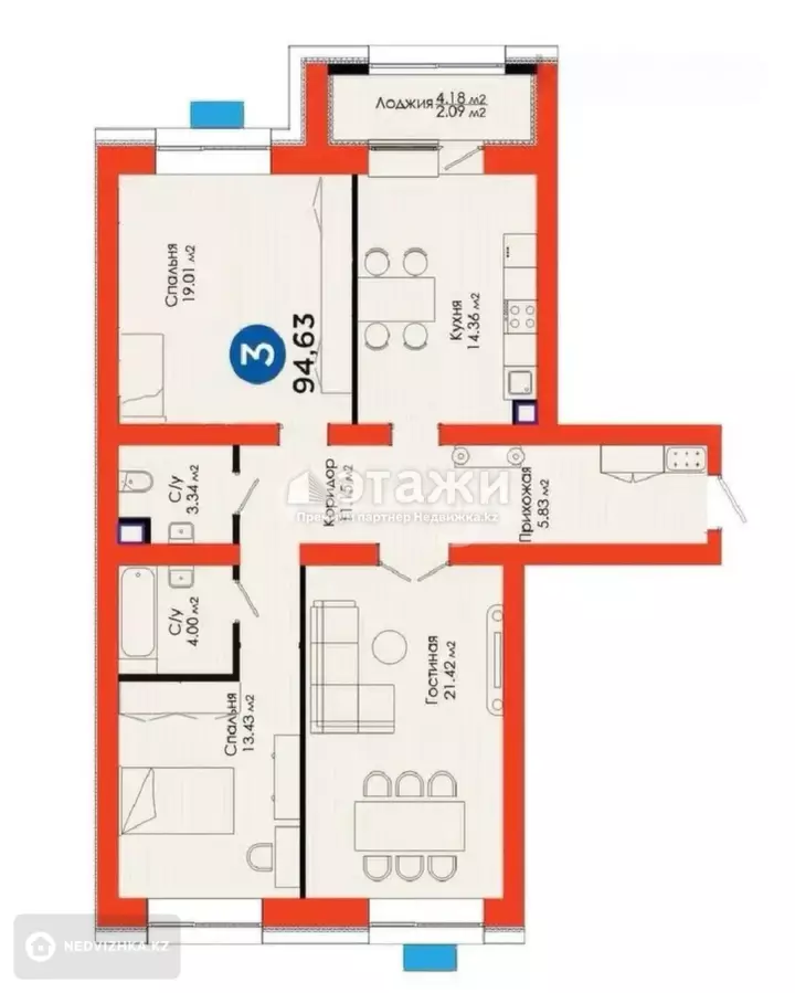 95 м², 3-комнатная квартира, этаж 3 из 9, 95 м², изображение - 1