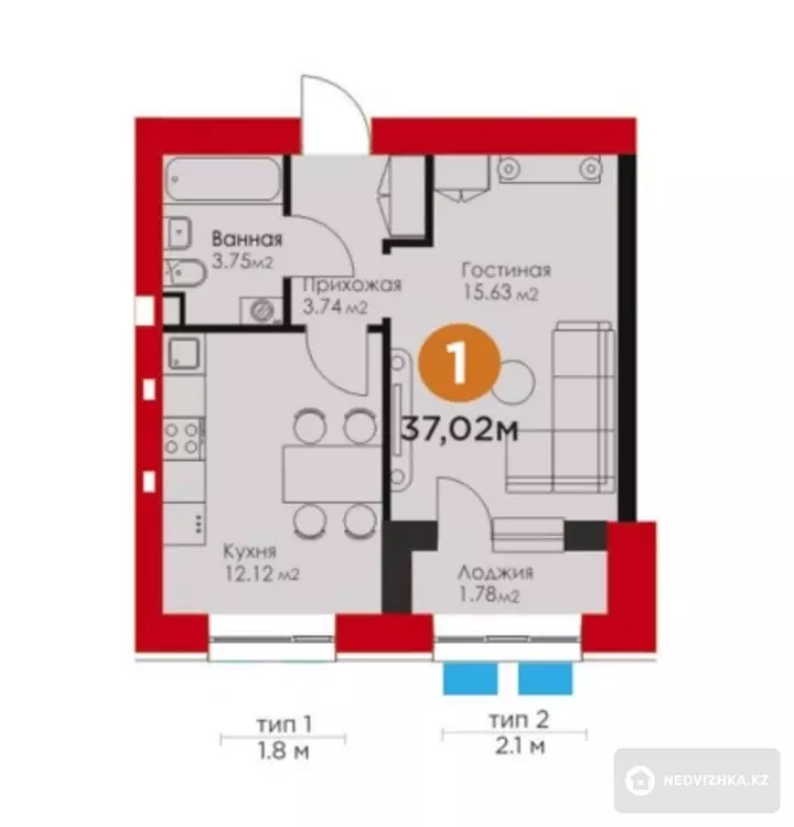 38 м², 1-комнатная квартира, этаж 9 из 9, 38 м², изображение - 1