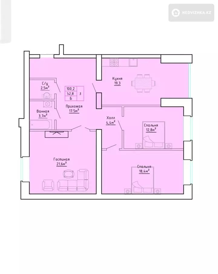 100.2 м², 3-комнатная квартира, этаж 5 из 5, 100 м², изображение - 1