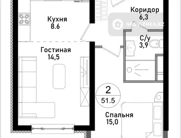 2-комнатная квартира, этаж 3 из 15, 52 м²