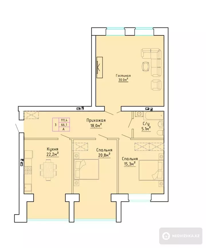 111.4 м², 3-комнатная квартира, этаж 1 из 3, 111 м², изображение - 1