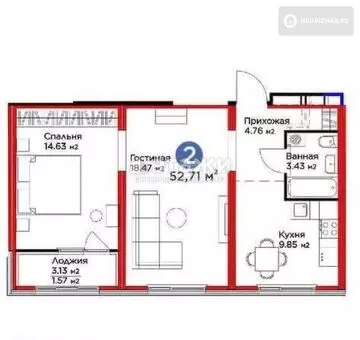 2-комнатная квартира, этаж 16 из 17, 53 м²