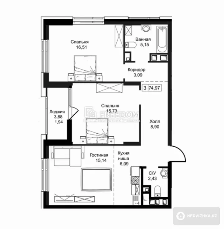 74.97 м², 3-комнатная квартира, этаж 15 из 17, 75 м², изображение - 1