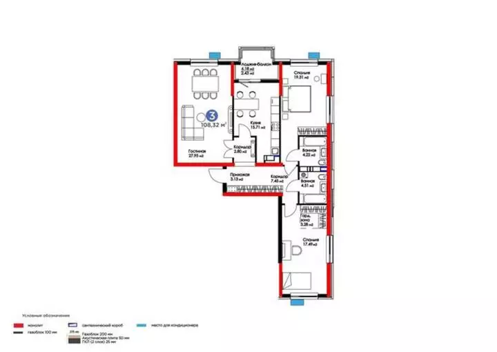 106.68 м², 3-комнатная квартира, этаж 14 из 17, 107 м², изображение - 1