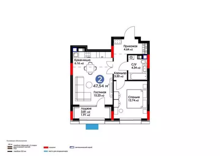 48.52 м², 2-комнатная квартира, этаж 5 из 20, 49 м², изображение - 1