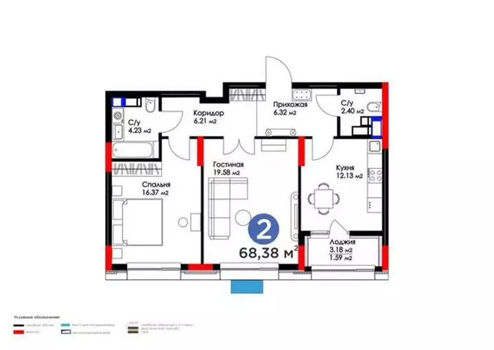 68.83 м², 2-комнатная квартира, этаж 7 из 20, 69 м², изображение - 1