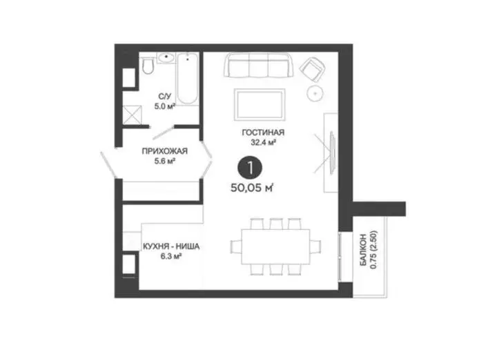 50.05 м², 1-комнатная квартира, этаж 3 из 9, 50 м², изображение - 1