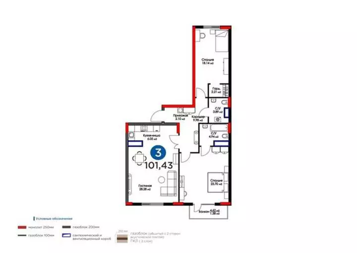 101.43 м², 3-комнатная квартира, этаж 9 из 9, 101 м², изображение - 1