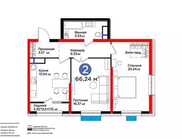 2-комнатная квартира, этаж 8 из 16, 66 м²