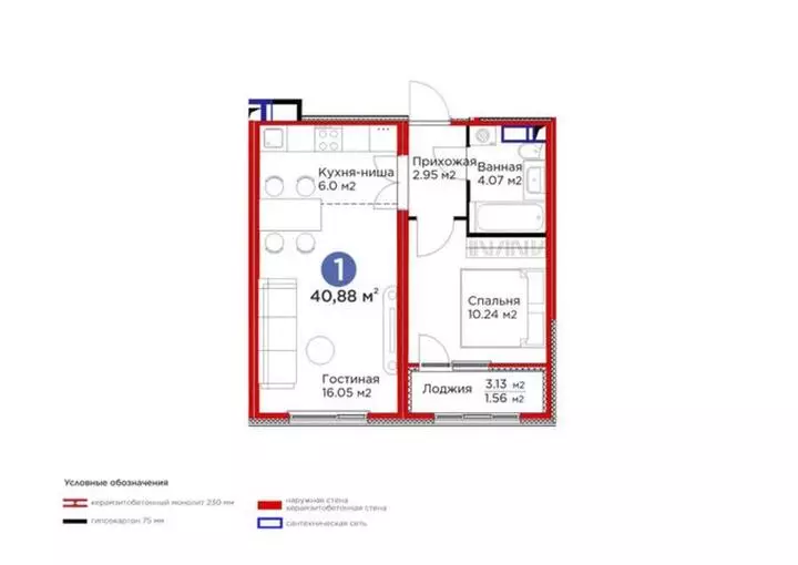 40.88 м², 1-комнатная квартира, этаж 2 из 17, 41 м², изображение - 1