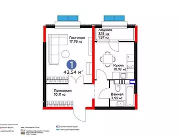 1-комнатная квартира, этаж 7 из 12, 44 м²