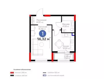 1-комнатная квартира, этаж 1 из 9, 36 м²