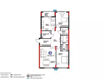 3-комнатная квартира, этаж 2, 121 м²