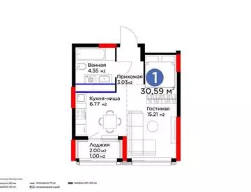 1-комнатная квартира, этаж 5, 31 м²