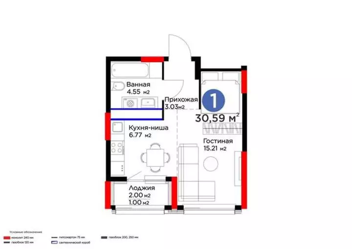 30.59 м², 1-комнатная квартира, этаж 5, 31 м², изображение - 1