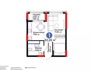 1-комнатная квартира, этаж 4, 32 м²