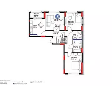 3-комнатная квартира, этаж 7, 85 м²