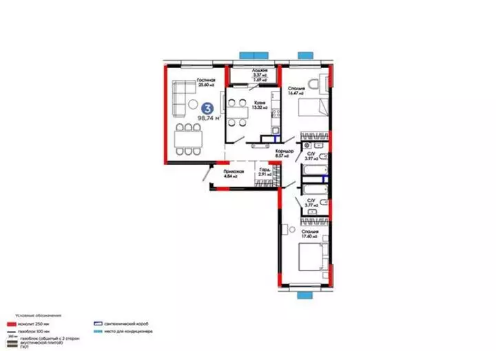 98.74 м², 3-комнатная квартира, этаж 6 из 9, 99 м², изображение - 1