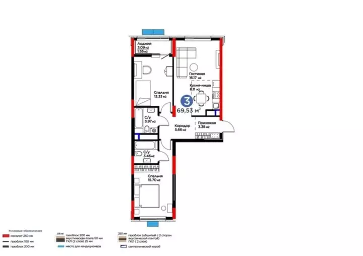 69.53 м², 3-комнатная квартира, этаж 8 из 9, 70 м², изображение - 1