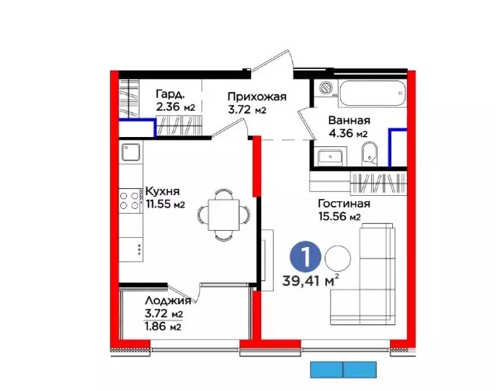 39.41 м², 1-комнатная квартира, 39 м², изображение - 1