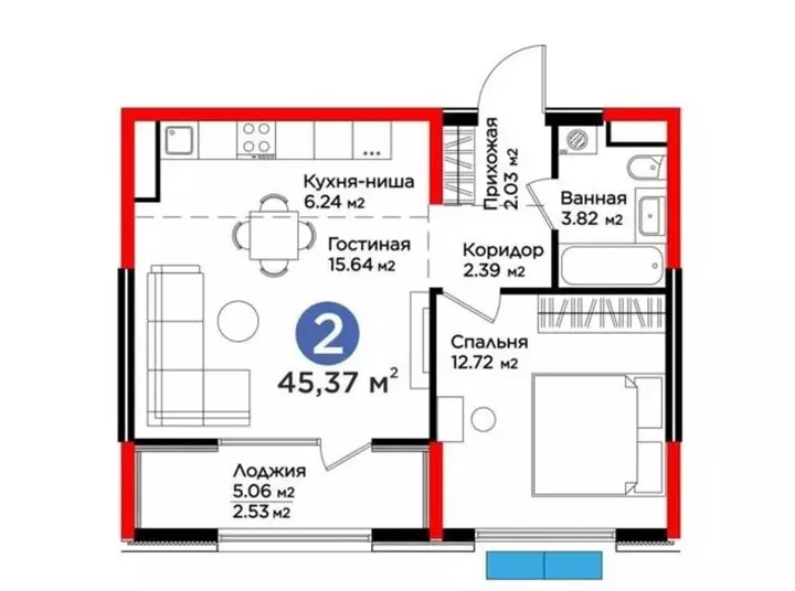 45.37 м², 2-комнатная квартира, 45 м², изображение - 1