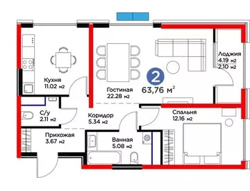 2-комнатная квартира, 64 м²