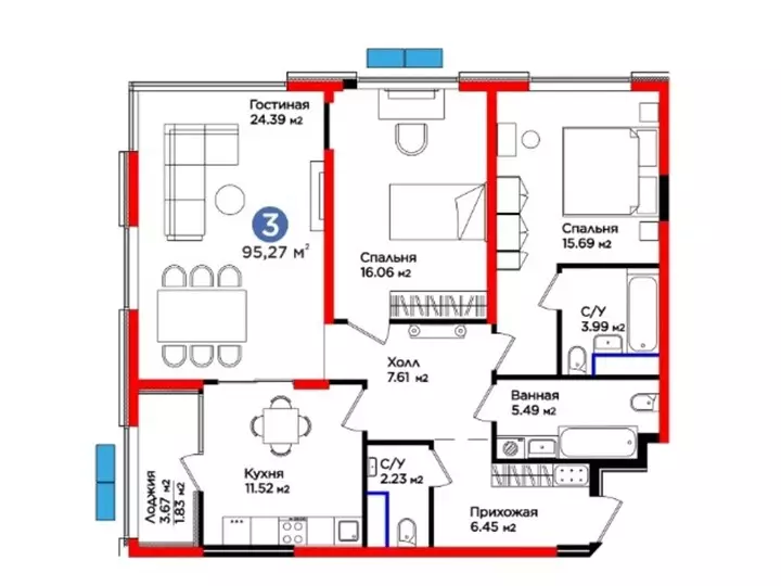 95.27 м², 3-комнатная квартира, 95 м², изображение - 1