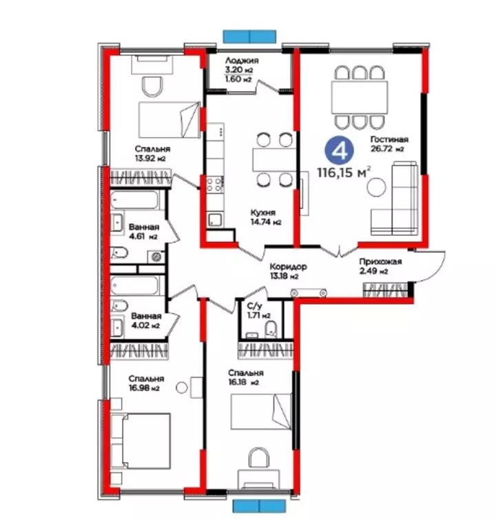 116.15 м², 4-комнатная квартира, 116 м², изображение - 1