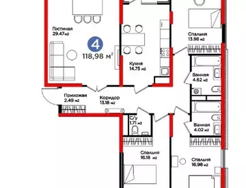 4-комнатная квартира, 119 м²