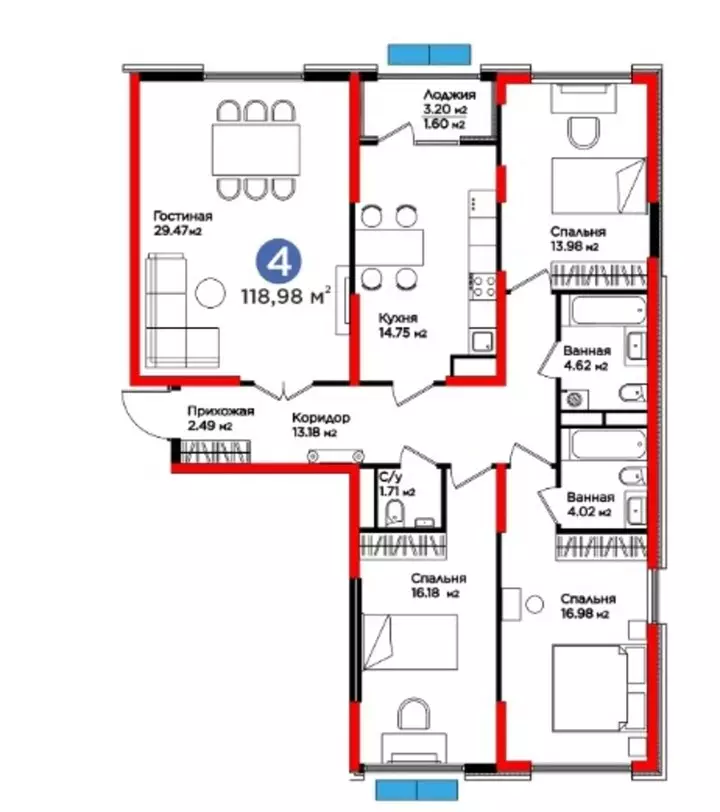 118.98 м², 4-комнатная квартира, 119 м², изображение - 1