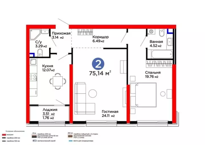 75.14 м², 2-комнатная квартира, 75 м², изображение - 1