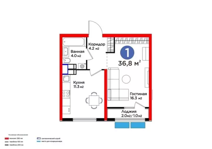 36.8 м², 1-комнатная квартира, 37 м², изображение - 1