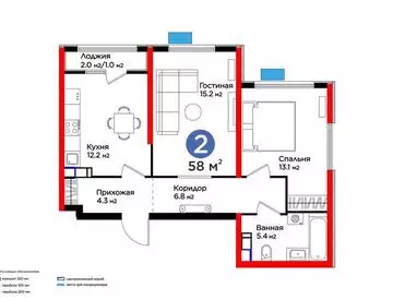 2-комнатная квартира, этаж 4 из 16, 58 м²