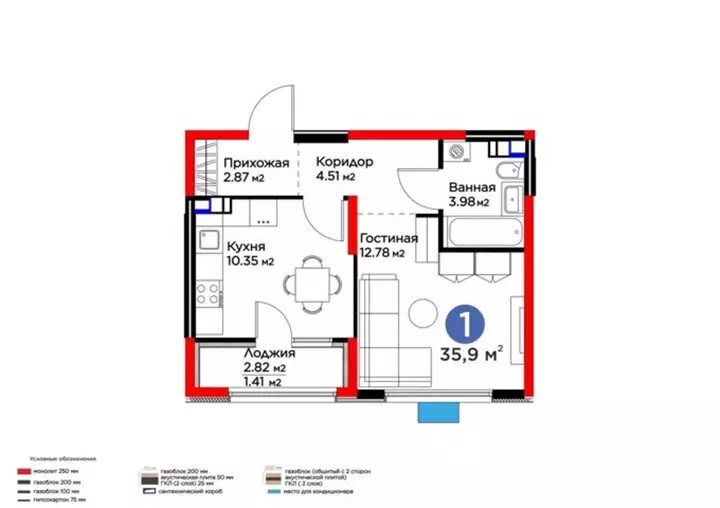 35.9 м², 1-комнатная квартира, 36 м², изображение - 1