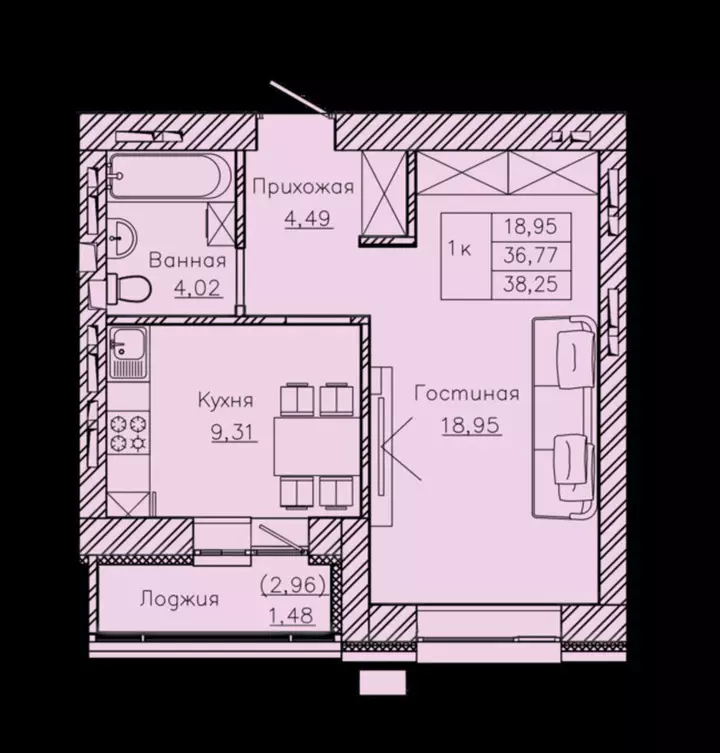 38.25 м², 1-комнатная квартира, 38 м², изображение - 1