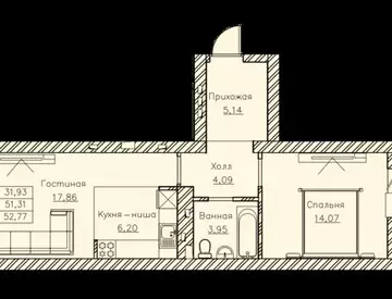 2-комнатная квартира, 53 м²