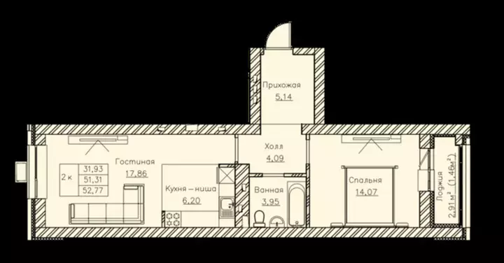 52.77 м², 2-комнатная квартира, 53 м², изображение - 1