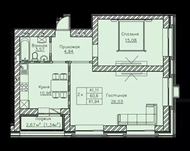 61.94 м², 2-комнатная квартира, 62 м², изображение - 1