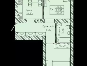 2-комнатная квартира, 66 м²