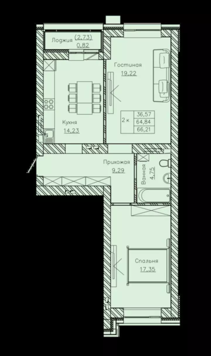 66.21 м², 2-комнатная квартира, 66 м², изображение - 1